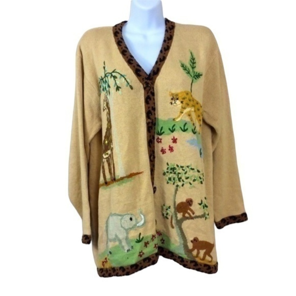 Storybook Knits jungle/safari cardigan. Brown tan. Large cotton blend
